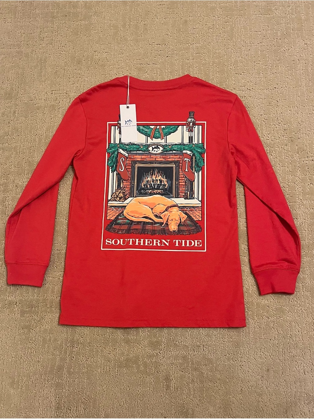 Southern Tide Red Long Sleeve Tee with Fireplace & Dog Graphic
